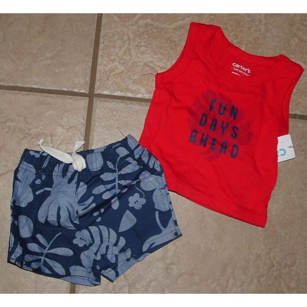 NEW NWT Boys Sz 9 Months Blue Print Shorts & Red Sleeveless Shirt 2 Pc Outfit